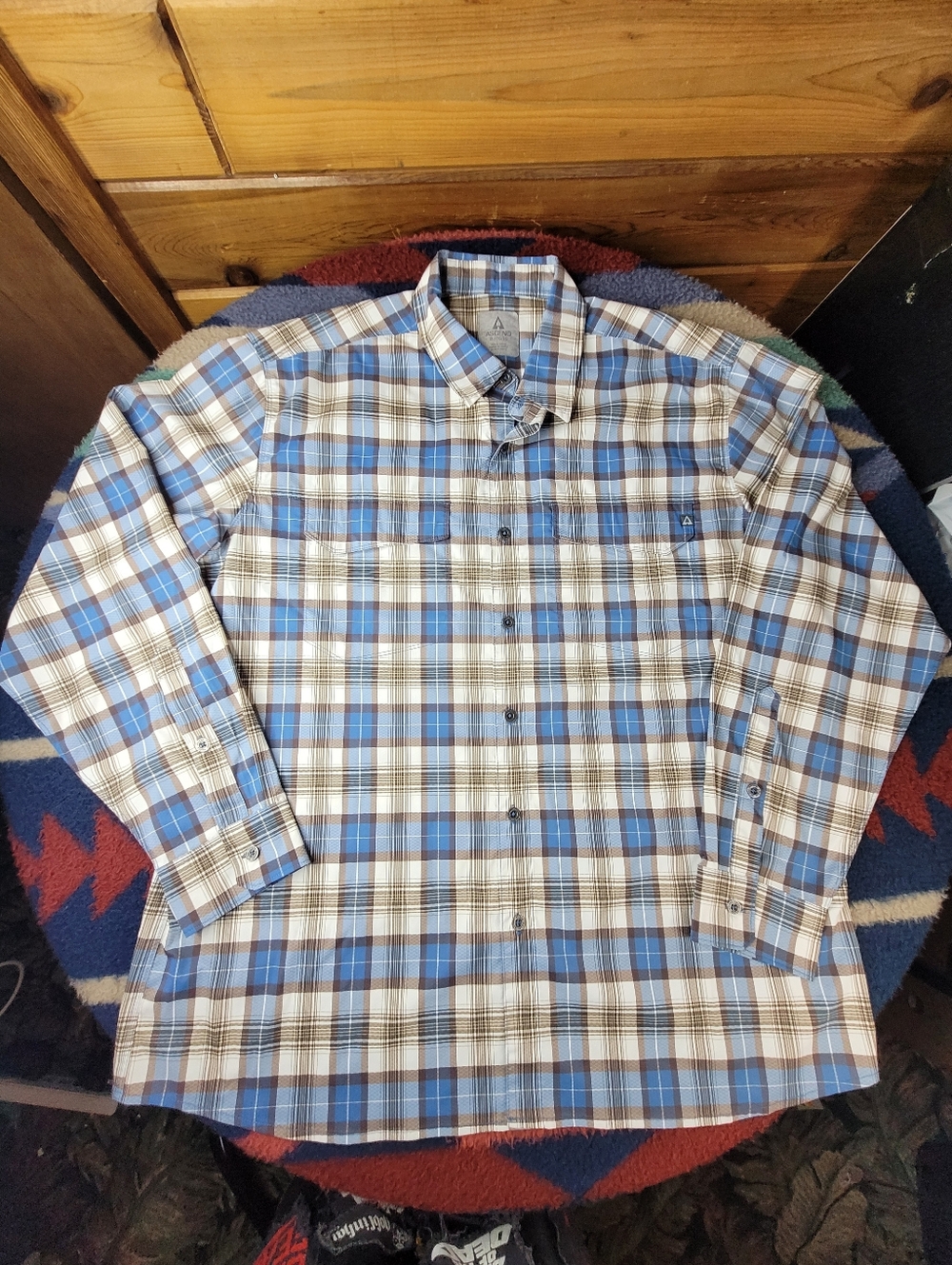 Ascend Long Sleeve Button Up Shirt Mens XL Blue Brown Plaid Polyester